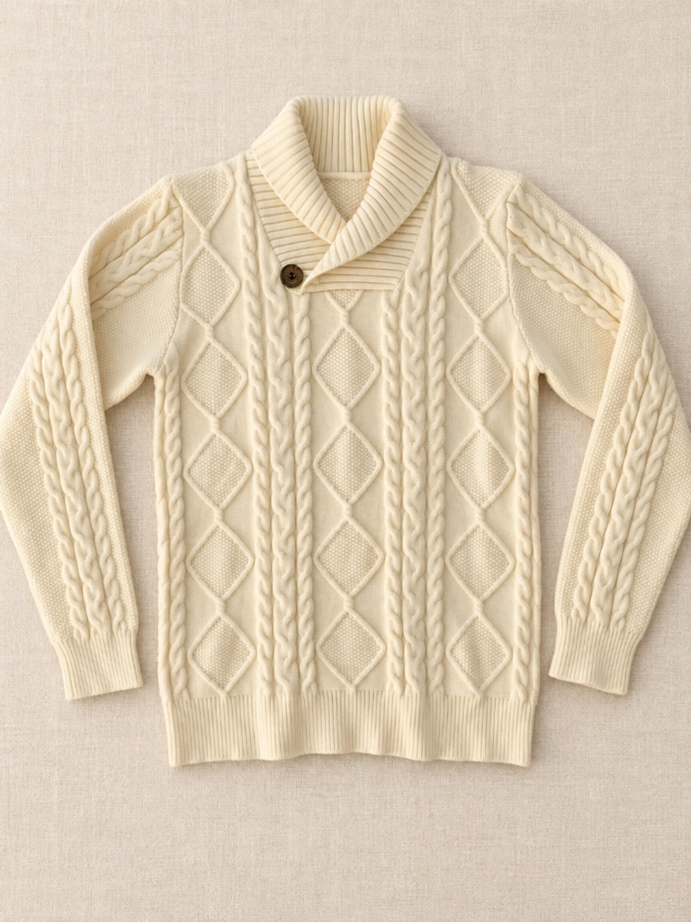 Cream Cable Knit Shawl Collar Button Sweater 140 9-10Y